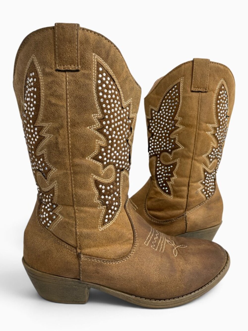 Justice Rhinestone Glitter Brown Faux Leather Cowgirl Western Boots Girls 7